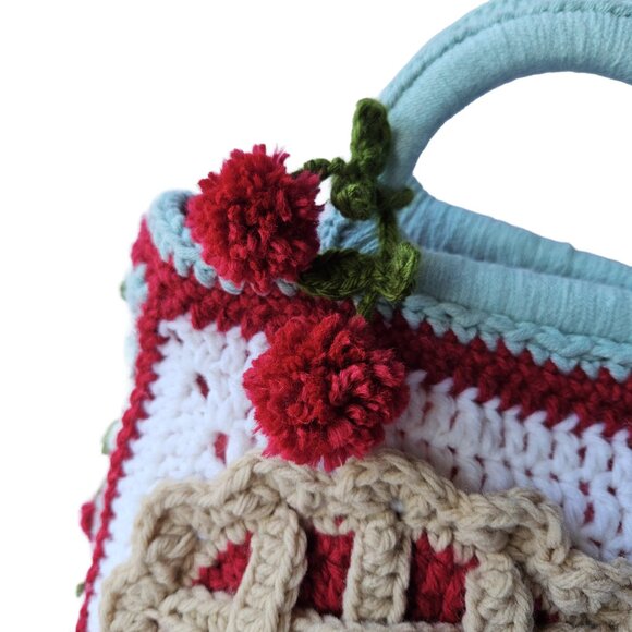 Handmade Crochet Cherry Pie Bag, Solid-Bottom Handbag, Baker's Purse, Coffee Fan - Picture 5 of 12